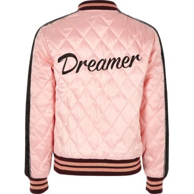 Girls pink embroidered quilt bomber jacket